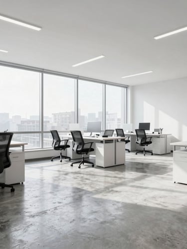 Wide-angle crisp commercial photography of a modern, immaculate office workspace with polished concrete floors and large windows under bright morning light.