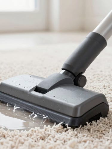 Close-up of a professional carpet cleaning wand extracting water from clean, light-colored carpet fibers under bright daylight.