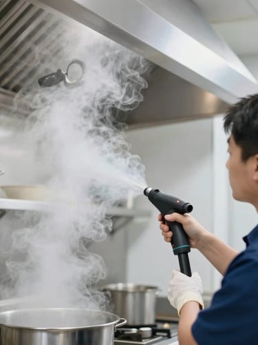 Professional technician in a clean uniform using high-pressure steam on a commercial kitchen exhaust hood, bright crisp lighting, sharp focus.