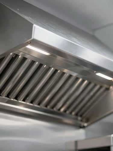 Close-up of a sparkling clean commercial kitchen exhaust hood, polished stainless steel, sharp focus, professional depth of field
