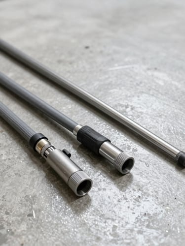 Crisp commercial photography of professional industrial cleaning equipment, featuring a clean high-pressure hose and specialized steel nozzles resting on a sparkling clean concrete floor.