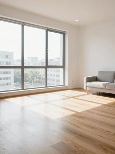 Bright modern apartment living room post-clean, natural sunlight streaming through large windows, pristine hardwood floors, sharp focus