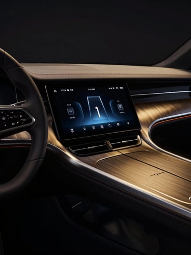Sleek dark automotive interior with a glowing smart display integrated into the dashboard, sharp metallic gold reflections, low-key studio lighting