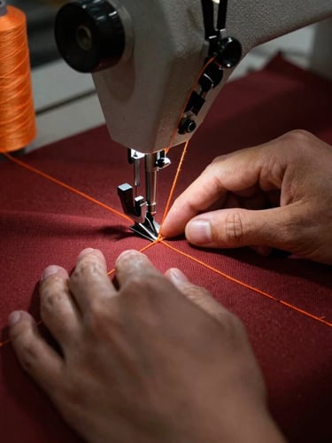 Close-up 35mm warm industrial photograph of hands guiding heavy canvas under a sewing machine needle, bright safety-orange thread stitching a clean seam, high-contrast workshop lighting.