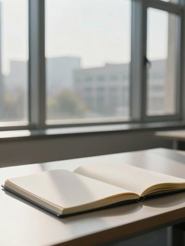 Soft morning light breaking through high architectural windows, casting long shadows across a clean, minimalist workspace with a single open notebook.