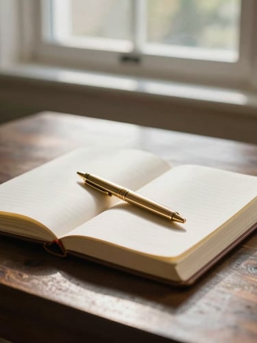 A quiet, sunlit study with an open leather-bound journal and a gold pen resting on a dark wooden table, soft morning light filtering through a window