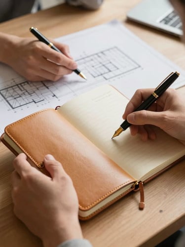 A close-up, high-angle shot of a collaborative work session: hands holding a gold-trimmed leather notebook, a fountain pen, and a blueprint on a light oak table, soft directional morning light.