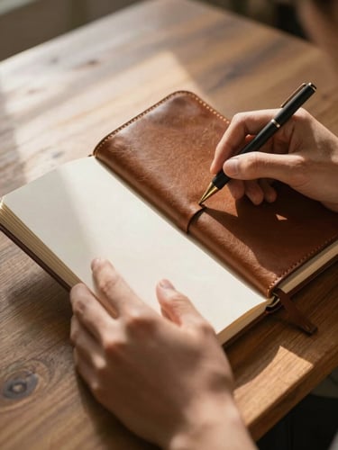 A close-up shot of hands holding a leather-bound notebook on a wooden table, warm morning sunlight streaming across the page, creating soft shadows.