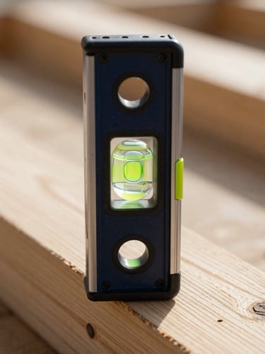 Straight-on macro shot of a spirit level resting on a freshly installed heavy timber beam, bubble perfectly centered, crisp morning light.