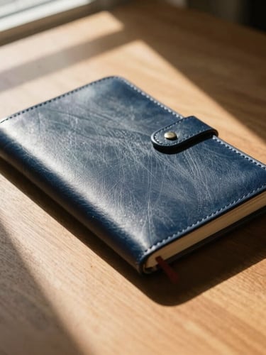 Close-up of a high-end leather notebook on a dark oak table, natural window light casting sharp geometric shadows, warm sand tones, 35mm