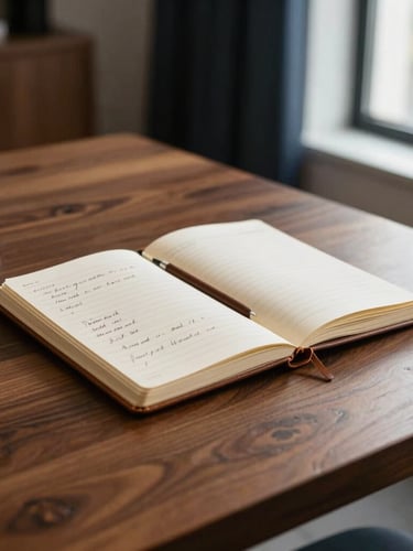 Warm editorial photography of a sober dark oak wooden table in a high-end corporate office, natural diffuse window light coming from the right, a clean leather notebook with hand-written financial annotations, sharp focus, 35mm, deep navy and warm sand tones