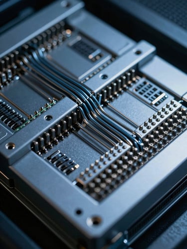 Extreme close-up of a high-security server blade, clinical cold blue-grey light reflecting off metallic pins and structured wire pathways, macro depth of field.