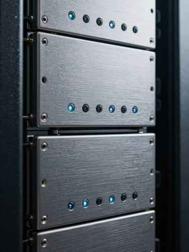Extreme macro close-up of high-security server architecture, brushed steel panels, cold blue-grey indicator lights, precise structural alignment.