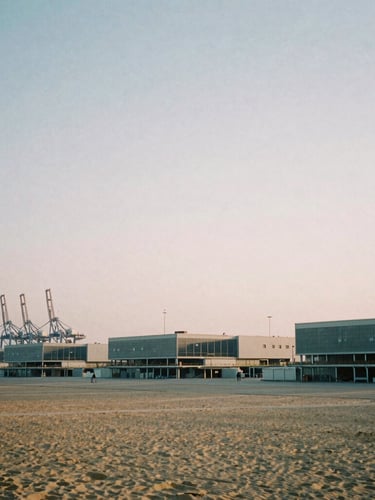 Wide-angle architectural film photography of a large, modern port facility at dawn, soft natural overcast light, desaturated cool tones with warm sand accents, 35mm wide-angle, no people.