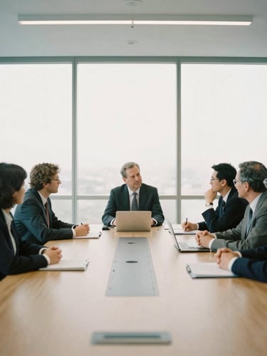 Candid shot of an executive board meeting in a modern, well-lit boardroom, architectural film photography, soft natural overcast light, desaturated cool tones with warm sand accents, 35mm wide-angle, focusing on engaged discussion and collaborative atmosphere.