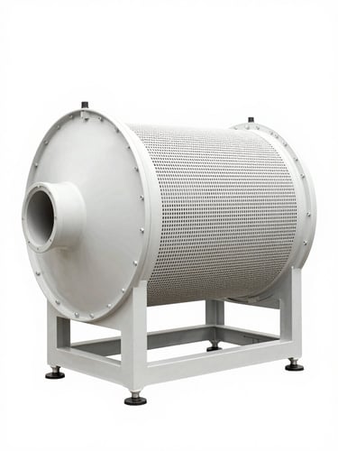 Head-on 3D rendering of an industrial drum filter unit — a large horizontal rotating drum cylinder with fine horizontal slot screen lines and inlet/outlet flanges, white PP material body on a transparent background, bright even studio lighting, no shadows, tight crop showing full drum volume and construction detail, scale indicator visible at base