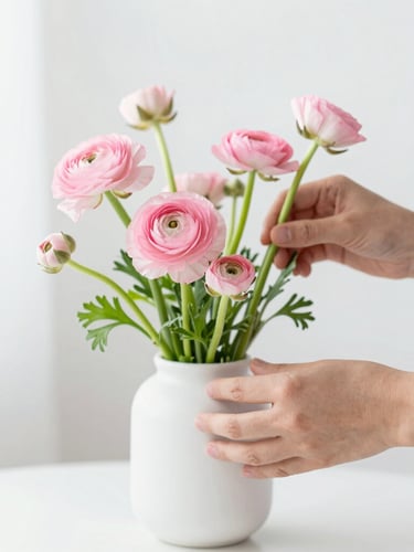 Bright editorial photography of a designer arranging delicate pink ranunculus and fresh green foliage in a minimalist white ceramic vase, soft natural daylight, shallow depth of field
