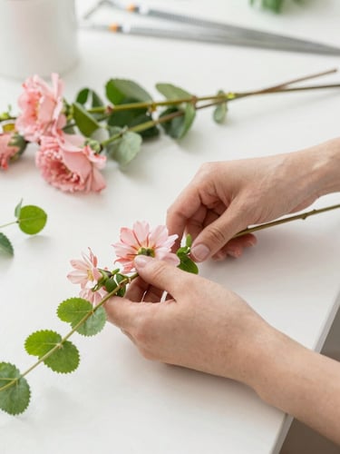 Bright editorial photography of a botanical designer arranging soft pink and fresh green stems on a clean white table, natural diffused daylight, 35mm lens.