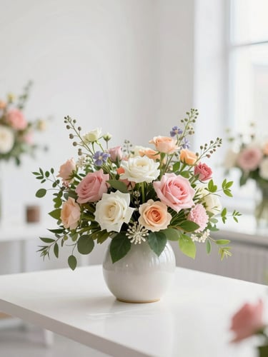 Bright editorial photography of a modern floral design studio, clean white background, soft natural daylight, shallow depth of field, 35mm lens.