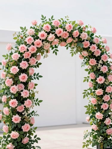 Bright editorial photography of a massive floral archway featuring soft pink roses and fresh green foliage, natural daylight, clean white background, shallow depth of field
