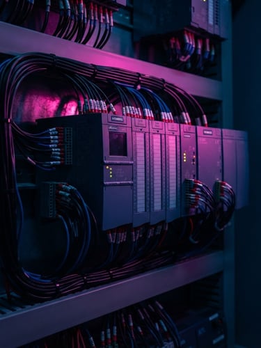 Close-up of a neatly wired Siemens S7-1500 PLC inside a clean electrical enclosure, sharp neon fuchsia rim lighting, deep midnight blue shadows, macro photography