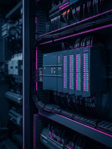Macro shot of a clean, modern electrical cabinet, neatly wired PLCs with glowing status LEDs, sharp neon fuchsia rim lighting, deep midnight blue tones, high-tech industrial engineering, 35mm.
