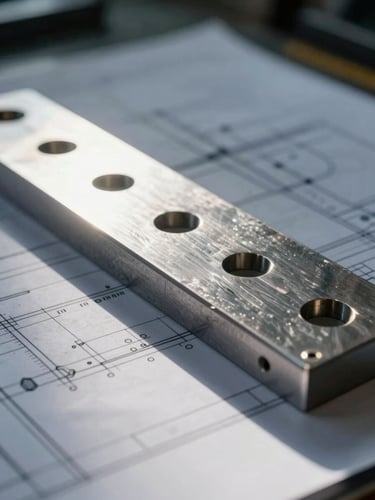 Macro close-up of a technical engineering blueprint overlaid on a heavy CNC-machined steel wear plate, dramatic side-lighting, cool workshop daylight, precise dimensional lines visible.