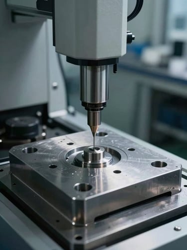 A high-precision coordinate measuring machine probe measuring a heavy machined steel wear plate in a cool-lit industrial quality control lab, dramatic side lighting emphasizing raw steel textures.