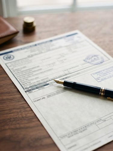Close-up of official automotive registration forms on a wooden desk, a professional fountain pen resting on the signature line, soft natural daylight, 35mm