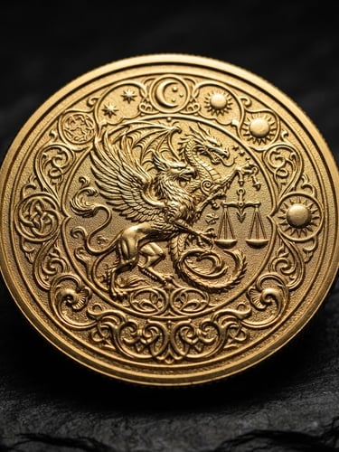 Dramatic macro shot of a freshly minted gold coin with intricate custom engraving, highlighting its luster and fine detail against a dark studio backdrop, side-lit.