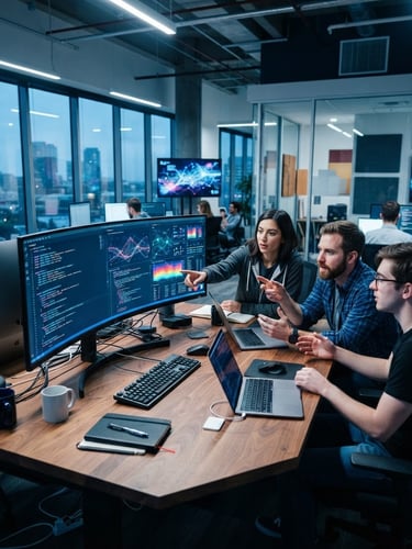 Modern, clean workspace with developers collaborating on code, cool-toned bright studio light, 35mm, wide shot, abstract data visualizations on screens.