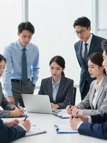 Professional collaborative meeting in a modern office, focused professionals, medium-close portraits, cool-toned bright studio light, 35mm.