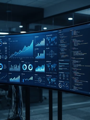 Wide panoramic view of a modern data dashboard displaying growth metrics and code snippets, cool studio lighting, deep blue and white tones, clean composition, 35mm