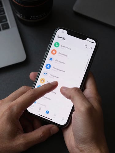 Close-up overhead flat-lay of an Android phone held in one hand, app interface visible mid-interaction, cool studio strobe light raking across the screen at a low angle, dark desk surface, finger mid-gesture on the glass