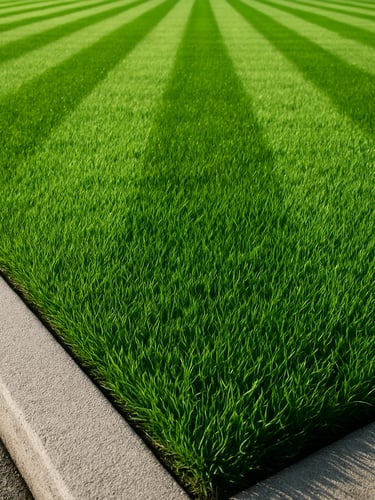 Low-angle shot of a perfectly striped residential lawn in Auckland, crisp concrete-to-turf edging, bright morning daylight with natural dew, rich natural greens