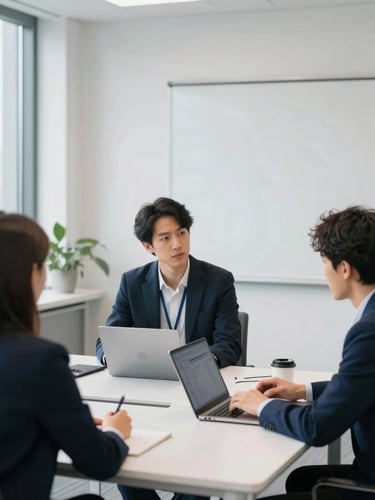 Bright modern corporate training room with natural daylight, professional adult students collaborating over digital dashboards, clean slate and navy tones, shallow depth of field, 35mm