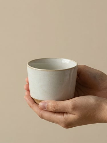 Hands holding a simple textured ceramic cup in soft morning light, warm sand background, minimalist composition, shallow depth of field, 35mm