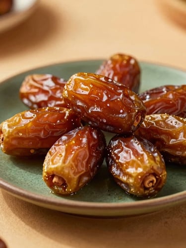 Macro shot of plump, glistening Medjool dates on a textured ceramic plate, warm golden-hour sunlight, high-contrast shadows