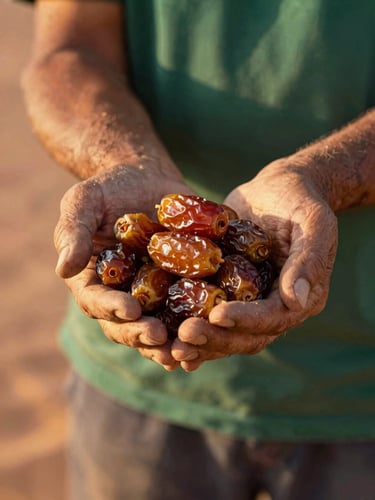 Close-up of a farmer's weathered hands holding a cluster of freshly harvested, glistening amber dates under warm golden-hour sunlight