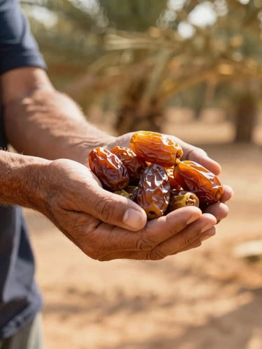 Close-up of a farmer's hands gently holding a cluster of fresh, amber-colored dates in a sun-drenched palm grove, warm lighting