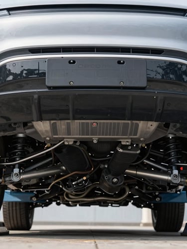 Close-up of a clean car chassis undercarriage on a hydraulic lift, professional lighting, focus on suspension components, neutral cool tones.