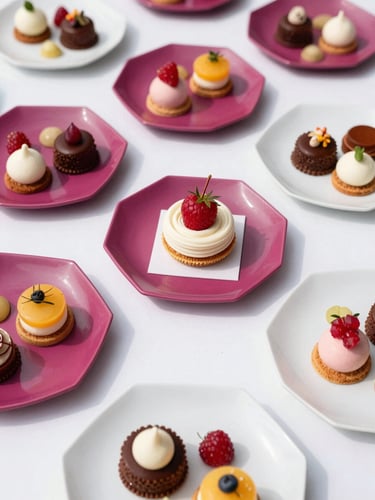 Overhead flat-lay of a vibrant corporate catering table, modern geometric plates with colorful desserts, rich magenta accents, crisp daylight, high-end styling.