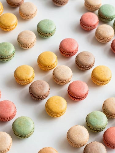 Bright editorial food photography, overhead flat-lay of a meticulously arranged sweet table with colorful macarons and clean corporate branding elements, crisp natural daylight, vibrant saturated colors.