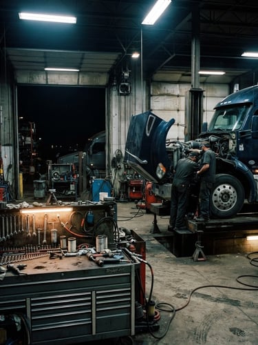 High-contrast industrial shot of a heavy-duty commercial vehicle service bay at night, illuminated by cool industrial task lighting, a large truck being serviced in the right third, organized tools and parts visible in the foreground, desaturated metallic tones, sharp focus, 35mm.