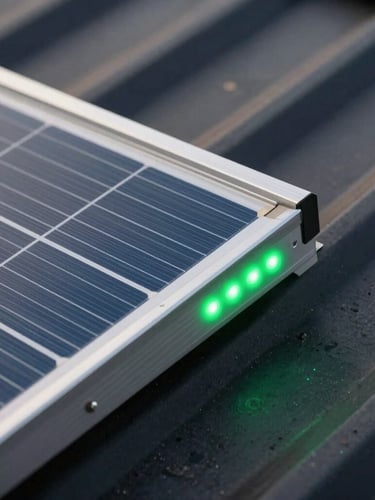 Extreme close-up of a brushed aluminum solar panel bevel flush-mounted against dark standing-seam metal roofing, sharp status-green LED glowing softly