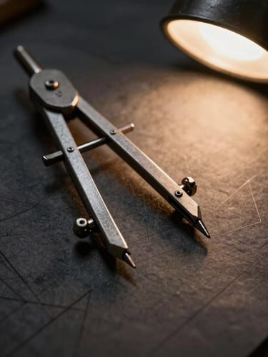 Macro shot of a heavy steel drafting compass drawing precise geometric lines on dark textured blueprint paper, warm directional desk lamp light, industrial workshop aesthetic
