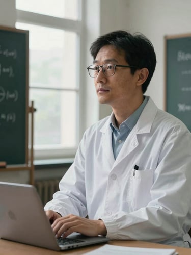 Medium-wide environmental portrait of a physicist in a scholarly study, soft window light illuminating chalkboards with equations, thoughtful expression.