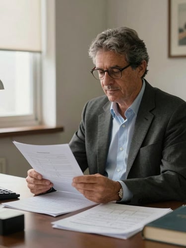 Retrato em plano médio de Ricardo Flor em seu escritório de trabalho, cercado por livros de física e anotações matemáticas, iluminação natural suave vinda de uma janela lateral.