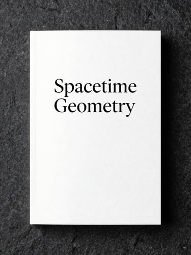 Minimalist book cover mockup on a dark stone background, elegant typography reading Spacetime Geometry, LaTeX style layout.