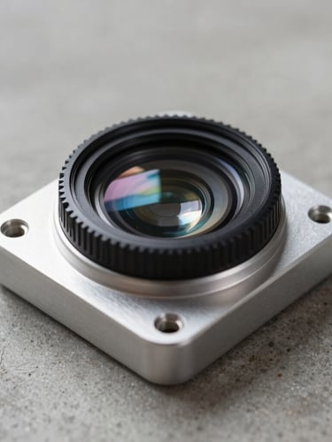 Macro photography of an anodized aluminum sensor housing with optical-grade glass lens, cool studio lighting on concrete surface, high contrast